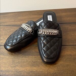 Steve Madden Kalista Black Quilted Crystal Chunky Chain Mule Loafers Women’s 7
